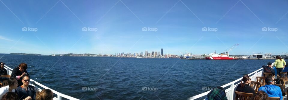Seattle skyline panorama from ferry deck.