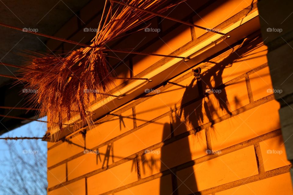 beautiful light and shadows on a brick wall on a sunset, abstract background