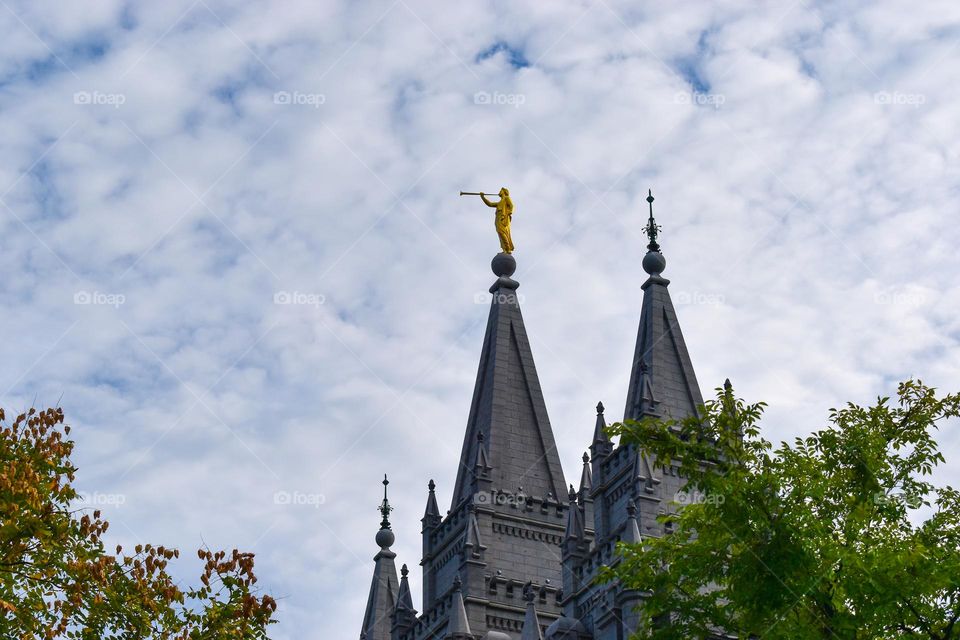 The Salk Lake Temple. View of Angel Moroni statue at the top. Salt Lake City, Utah, USA.