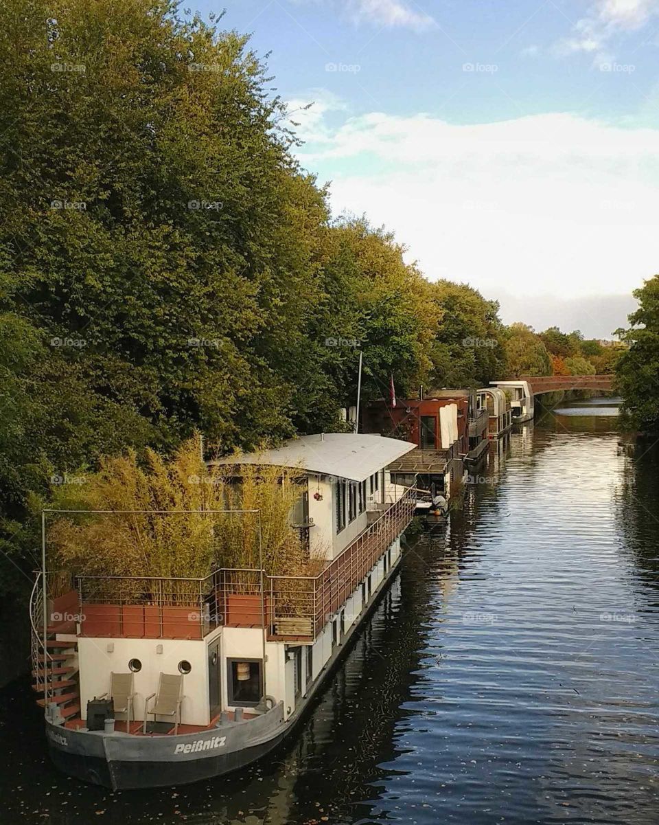 Canal autumn Natur Architektur boat