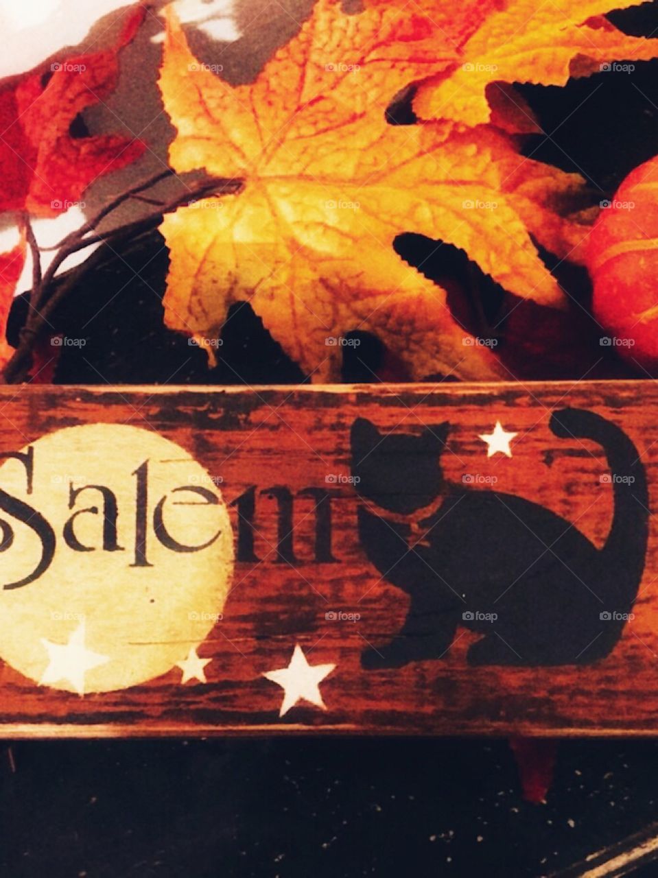 Wooden rectangular Halloween sign handcrafted Salem moon cat star Halloween stencil autumn colors 