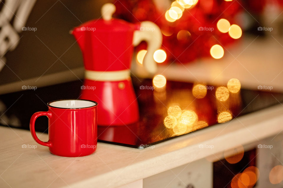 cup of coffee in a cozy festive Christmas atmosphere