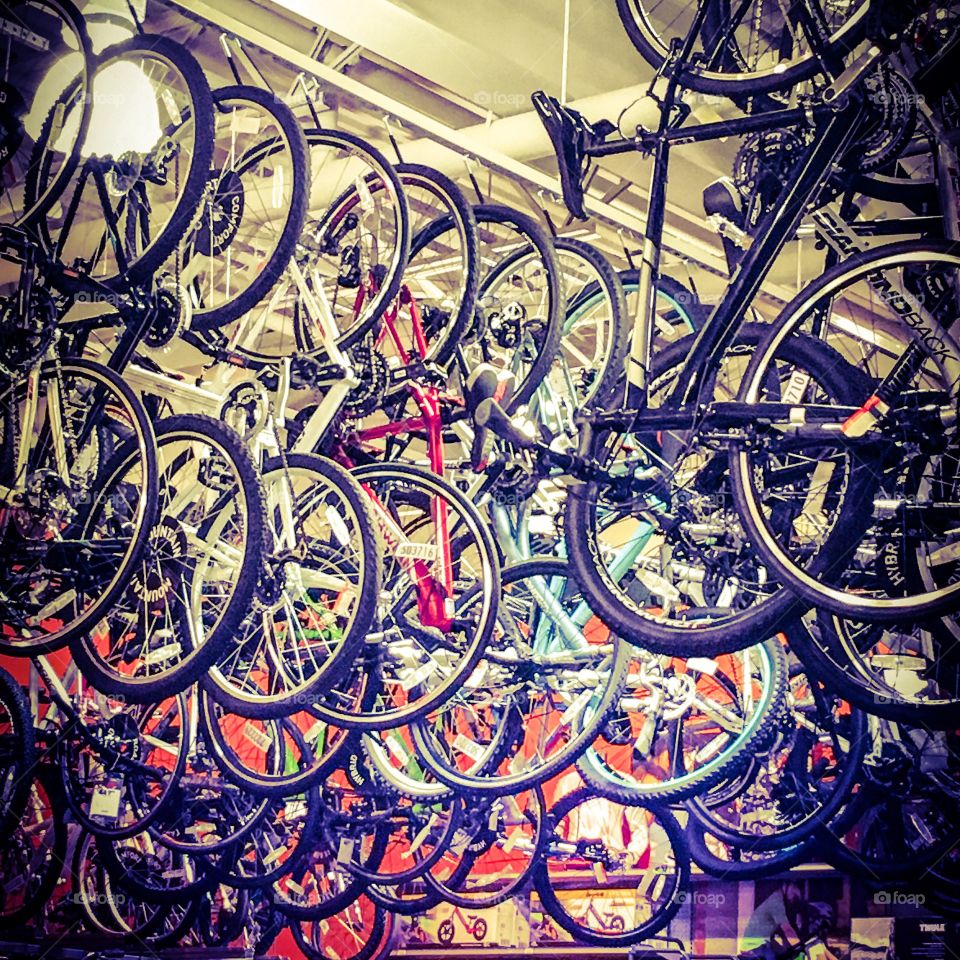 Bikes hanging from ceiling 