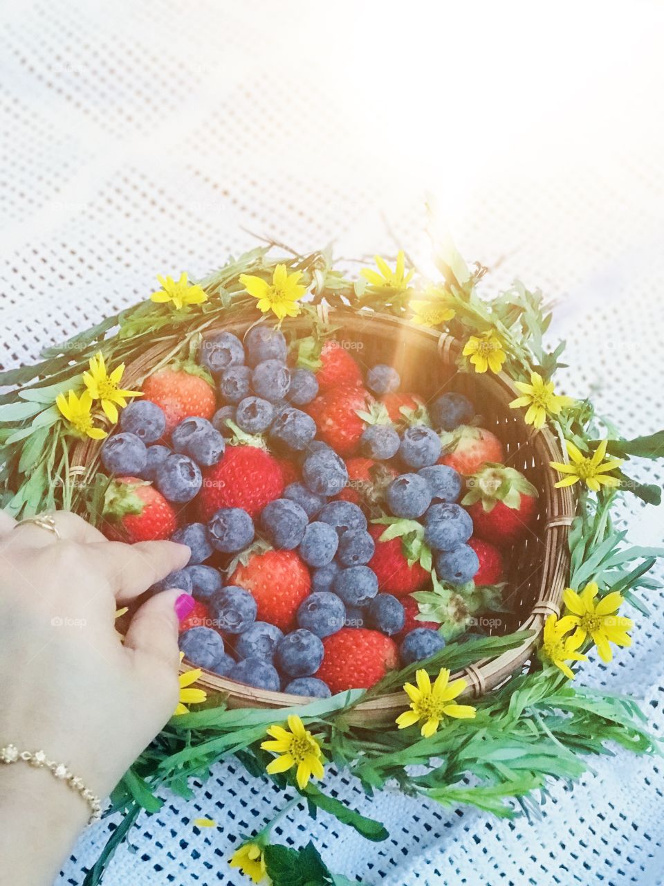 Blue Berry’s and strawberry combination with flower decoration 