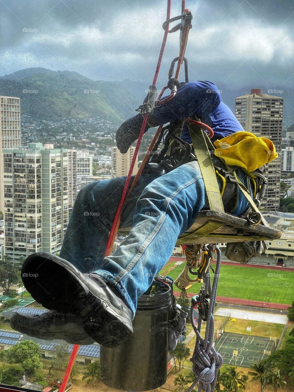 Window washer at work on a high-rise building 