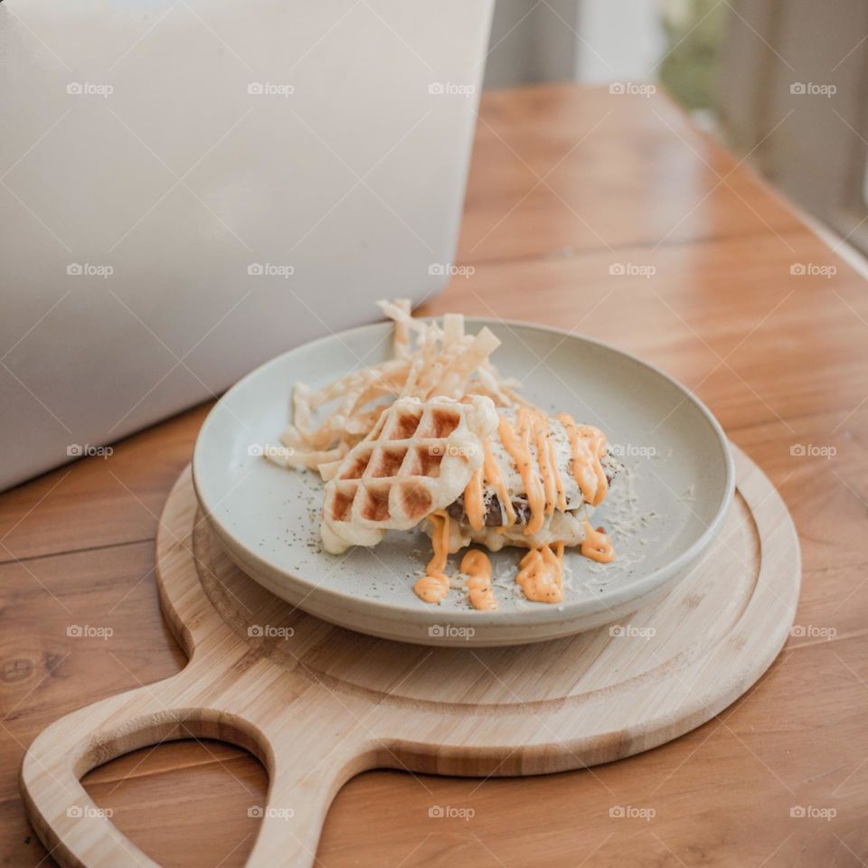 High angle view of pasta in plate on table. Food. Eat. Lunch. Breakfast. Snacks. Dessert. Photography.Aesthetic. Isolated background. Pastel colors. Table. Wood motifs. Cafe. Waffles. Mayonnaise. Good