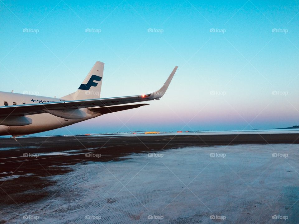 Finnair airplane in Helsinki - Vantaa on a cold morning 