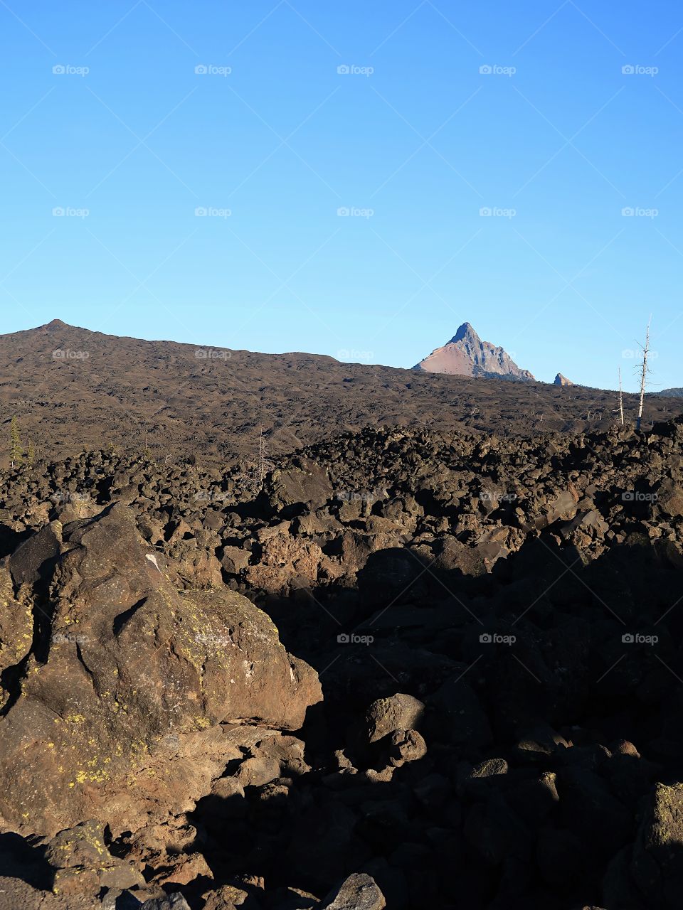 A vast lava rock field leads to the jagged peak of Mt. Washington in Oregon’s Cascade Mountain Range on a sunny fall morning with clear blue skies.