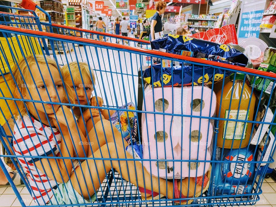 kids sitting in cart in grocery store