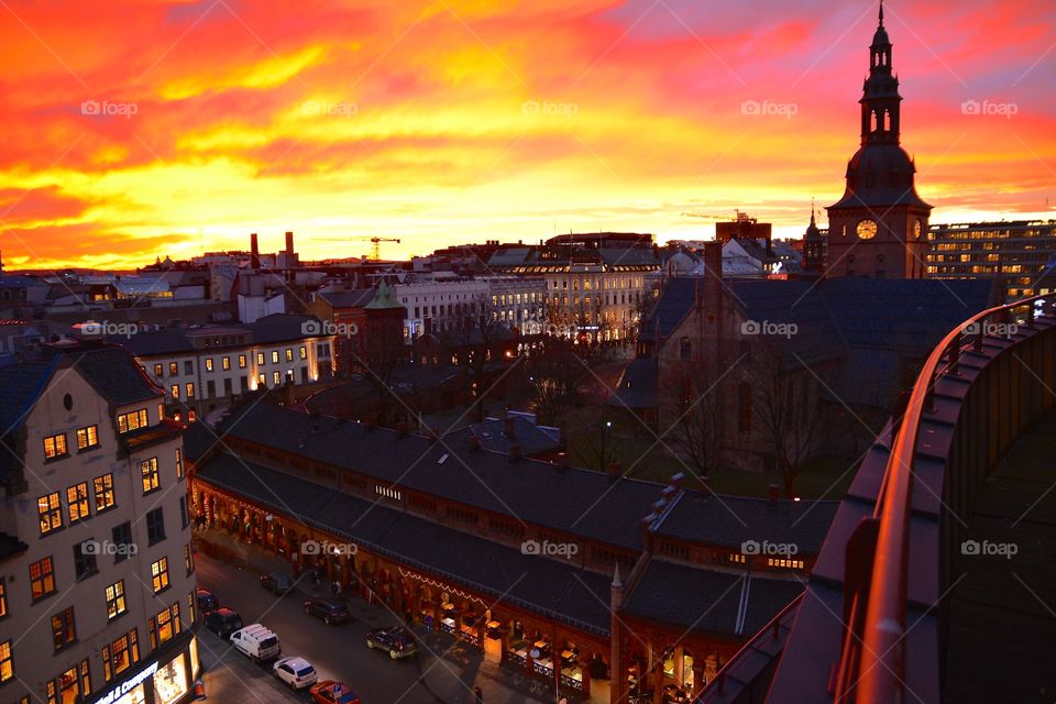 Spectacular sunset over the roofs of Oslo 