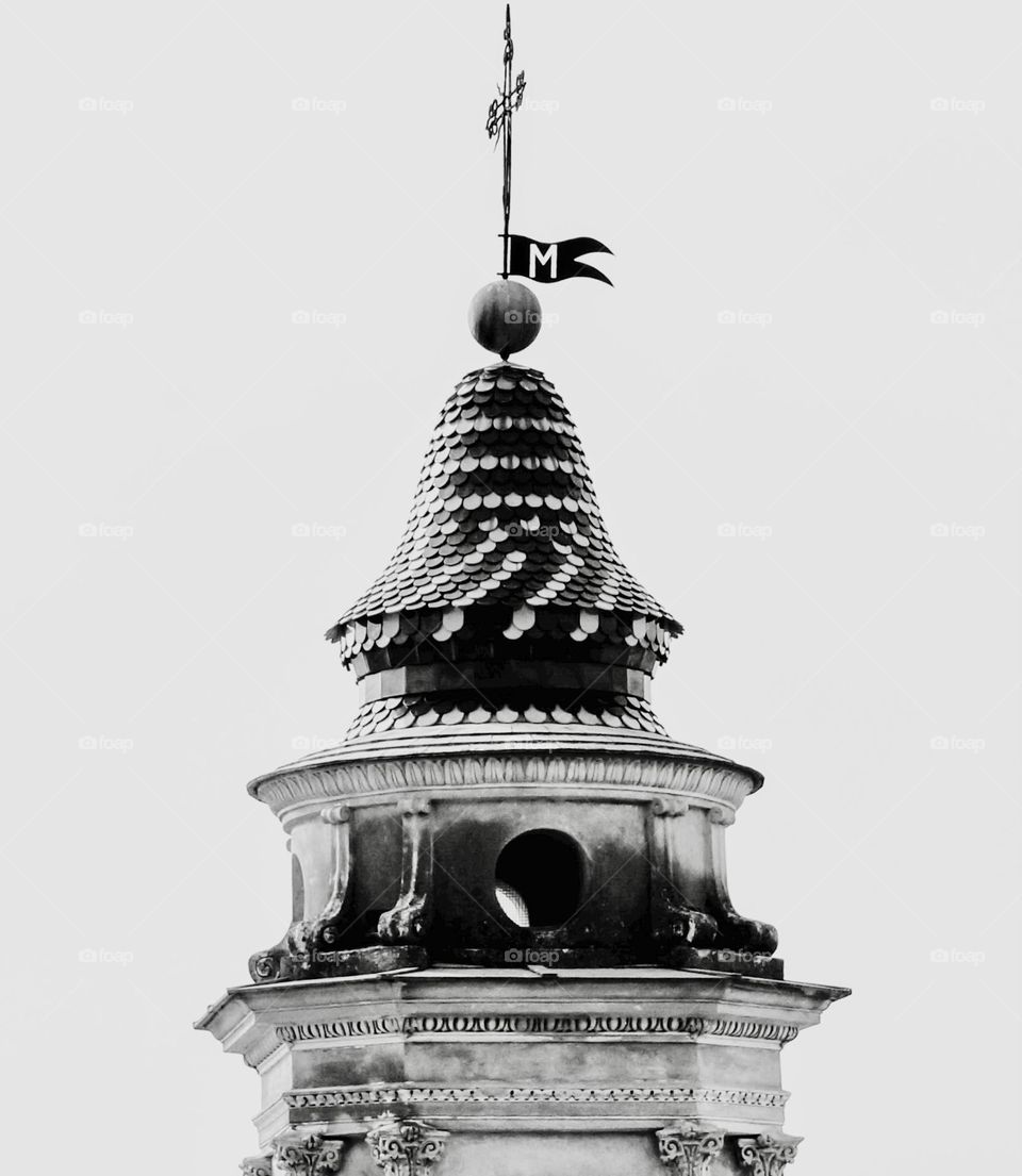 The very top of the steeple of The Basilica of Saint-Michel-Archange of Menton, France.