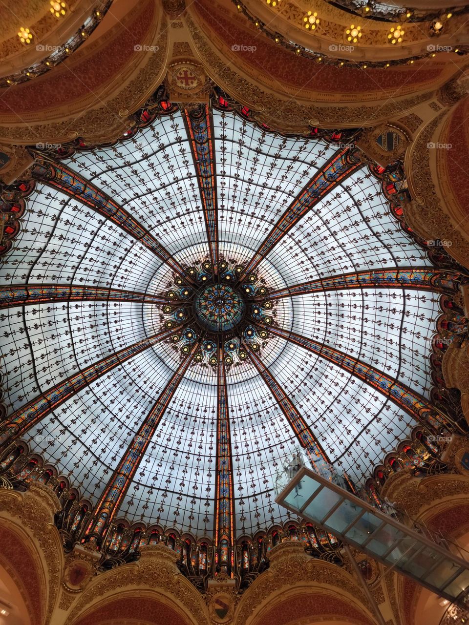 Inside the Laffeyete Gallery in Paris, France. The inside view from the bottom looking up, the ceiling was amazing.