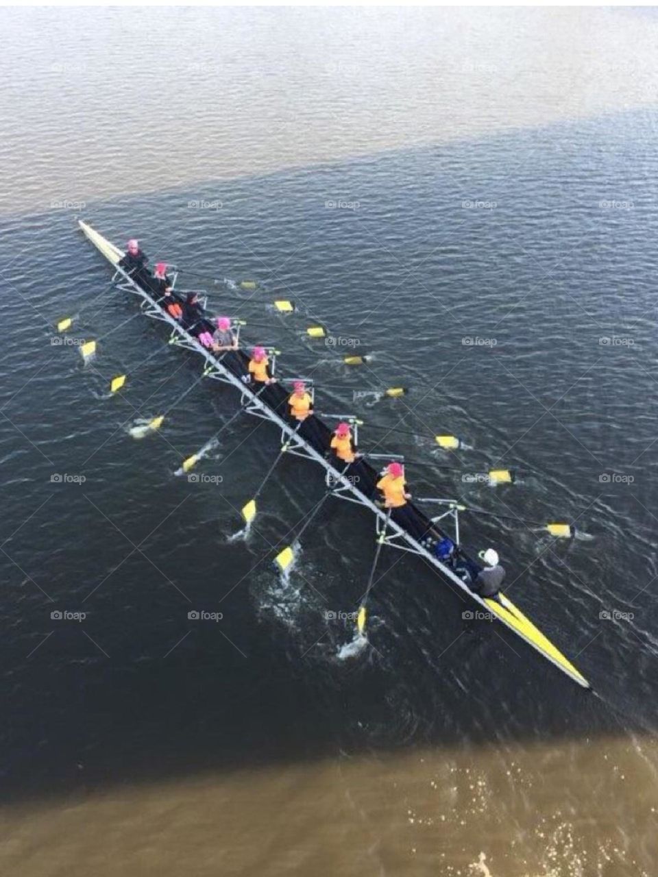 Magical movement of rowing quad in river 