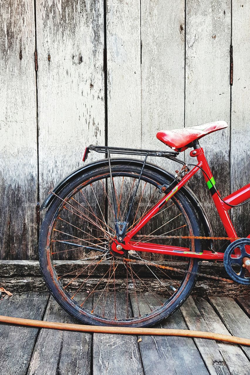 Red bicycle parking at home