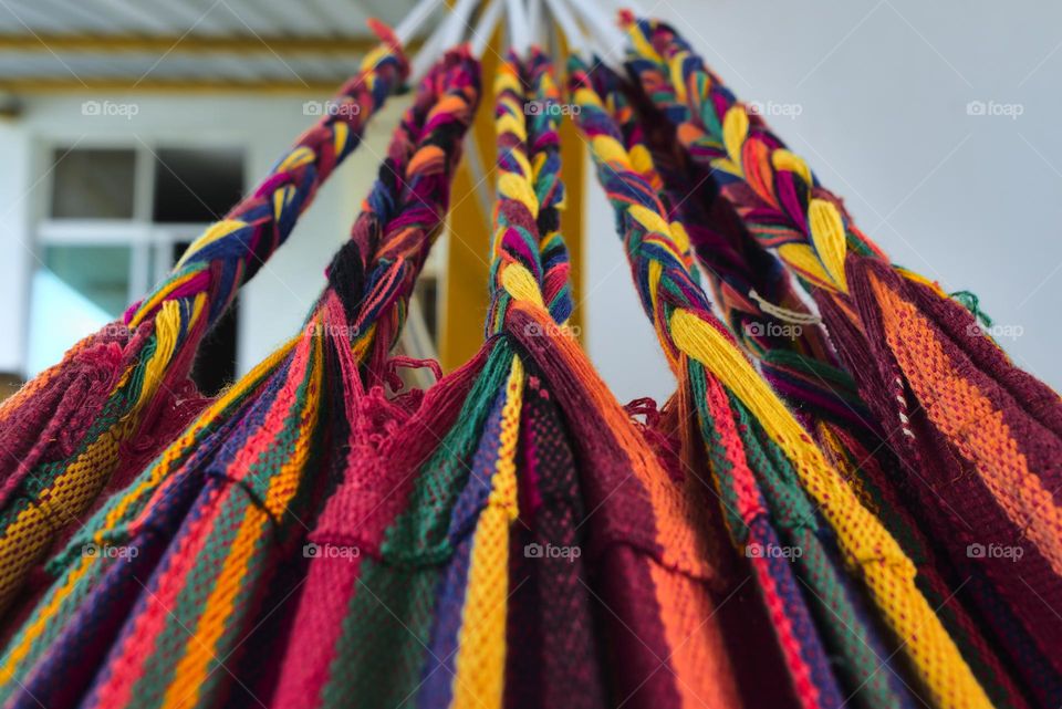 Handcrafted colorful braided hammock weaving