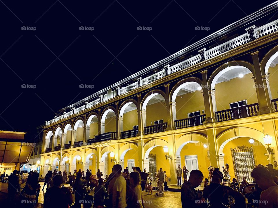 Crowded people at night in Cartagena 