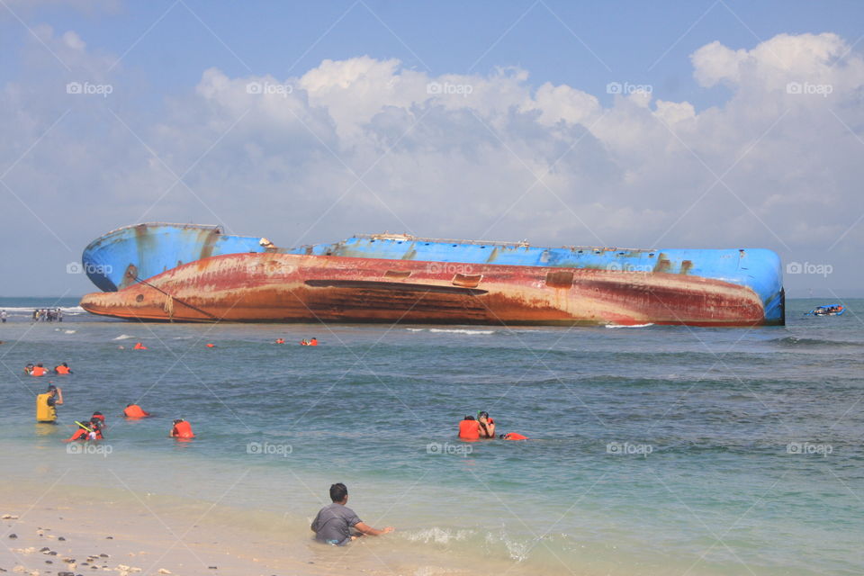 monument ship, stranded on the beach pangandaran