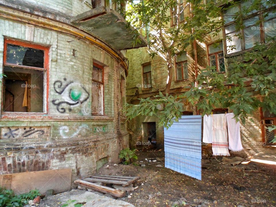 Drying clothes in an old courtyard in Podil in Kiev