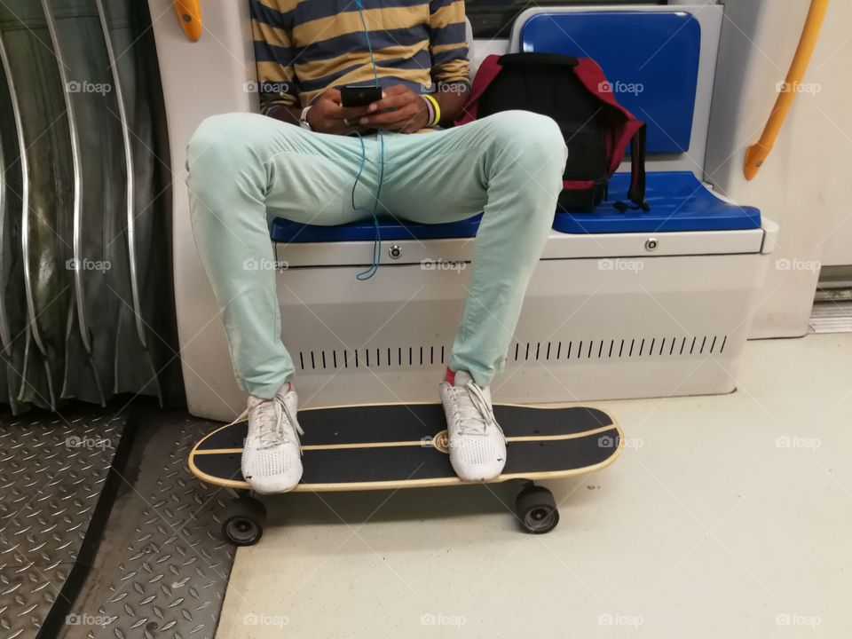 Subway and skateboard commuter"s daily life