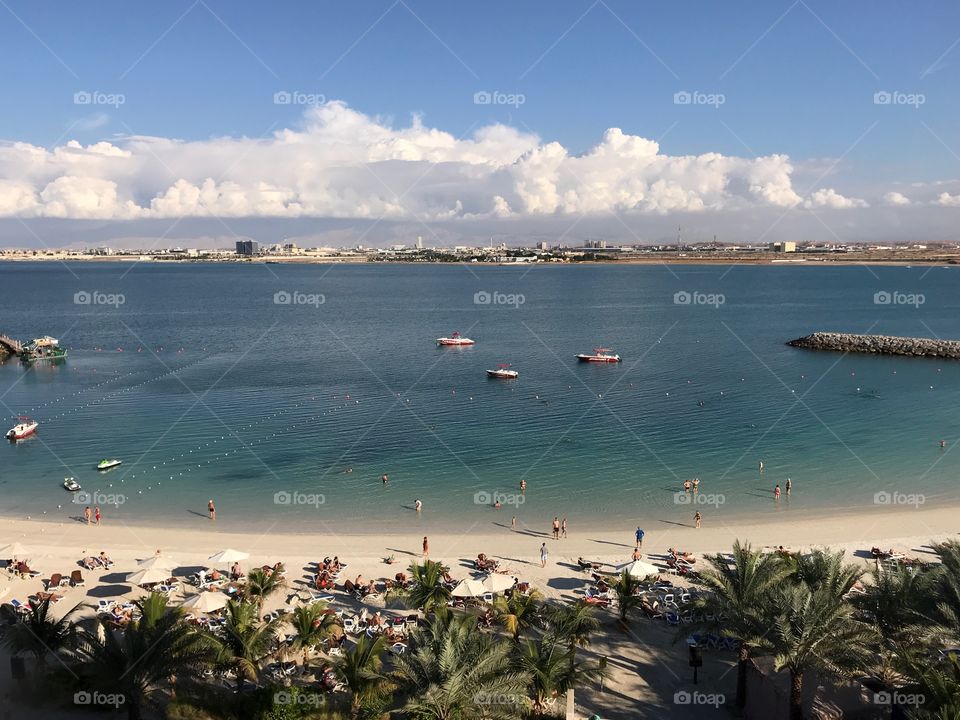 Birds eye view of a beach resort on a cloudy morning 