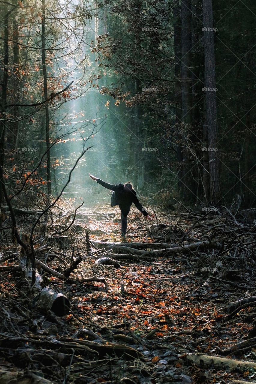 A woman balances on a tree trunk in the autumn forest in the sunbeam