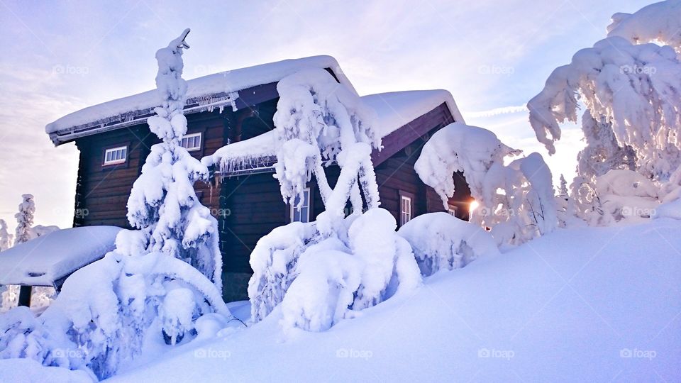 High angle view of house in snow