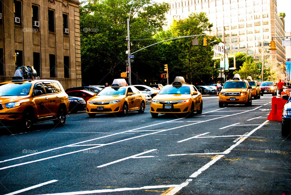 taxi cabs. at the end of the work day cabs swarmed the streets of NYC