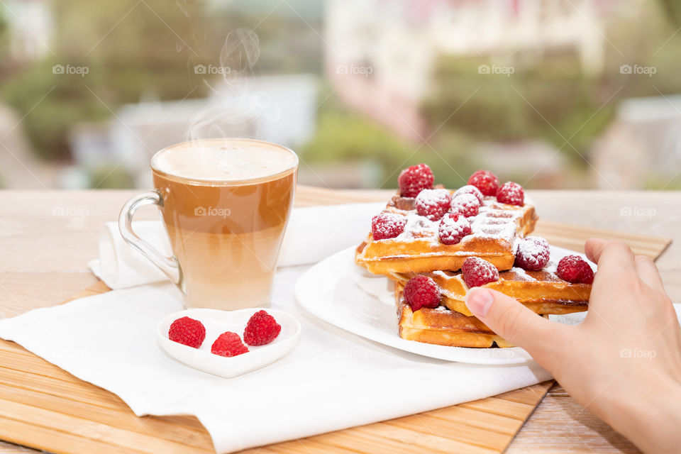 Belgium waffles and cup of coffee