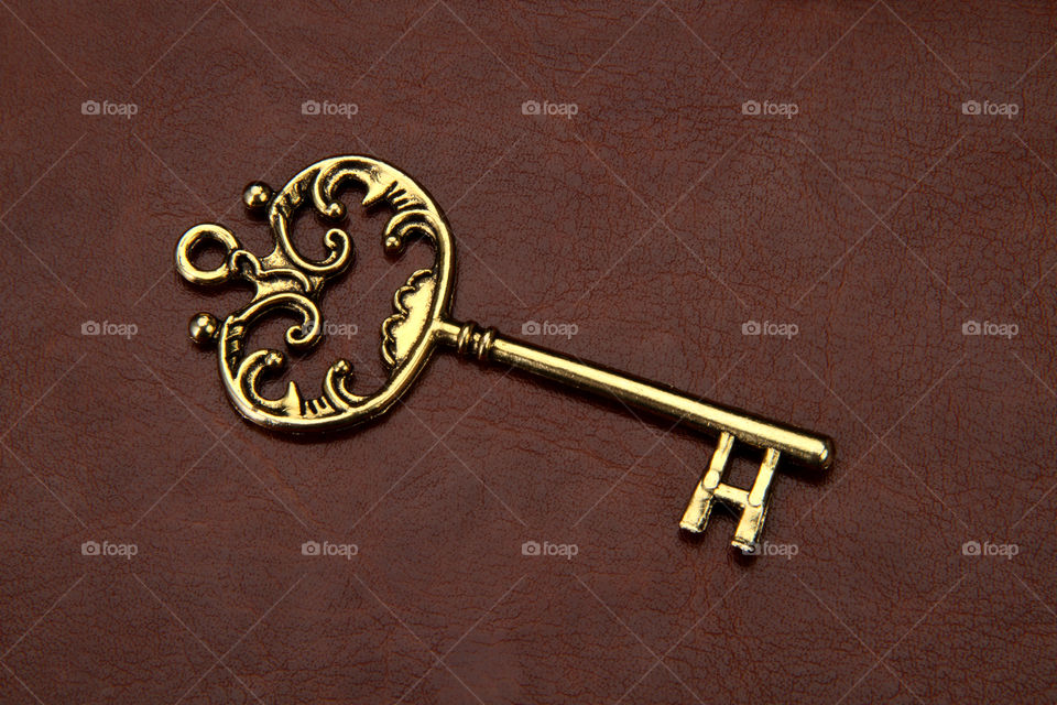 Antique Golden key on leather background