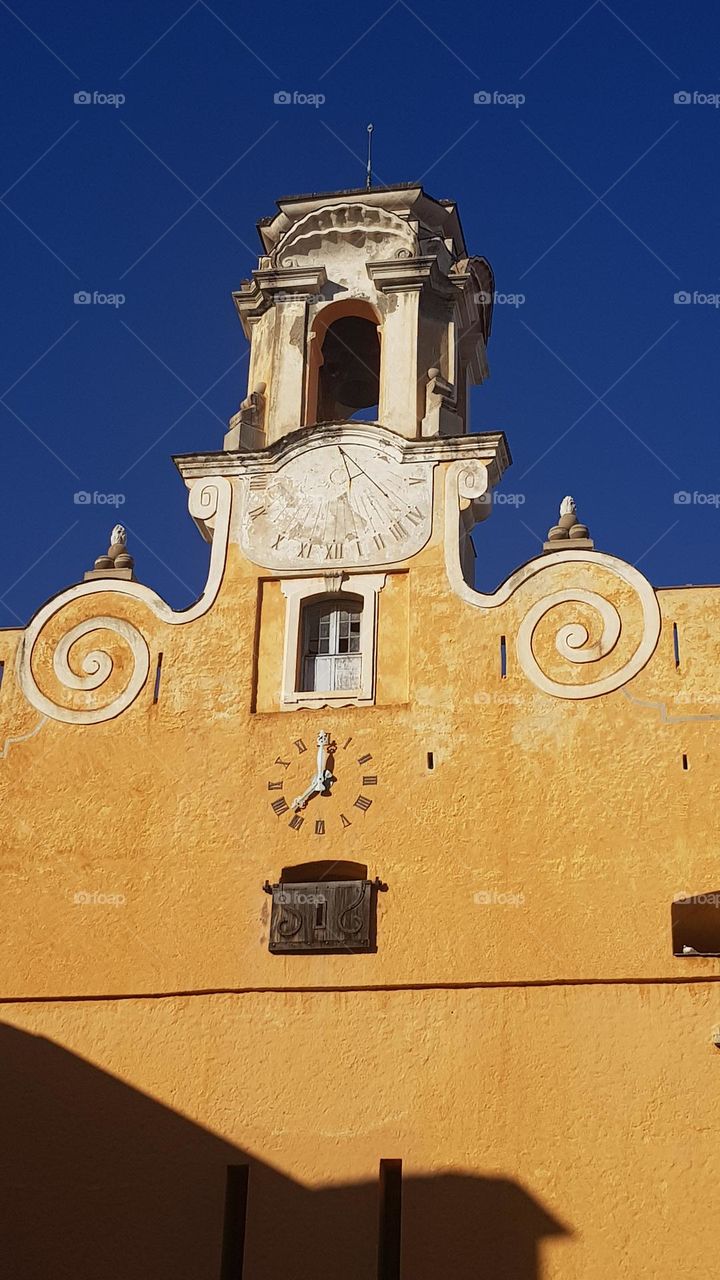 Bell tower and sundial of the governors' palace, dungeon square, in Bastia (Corsica)