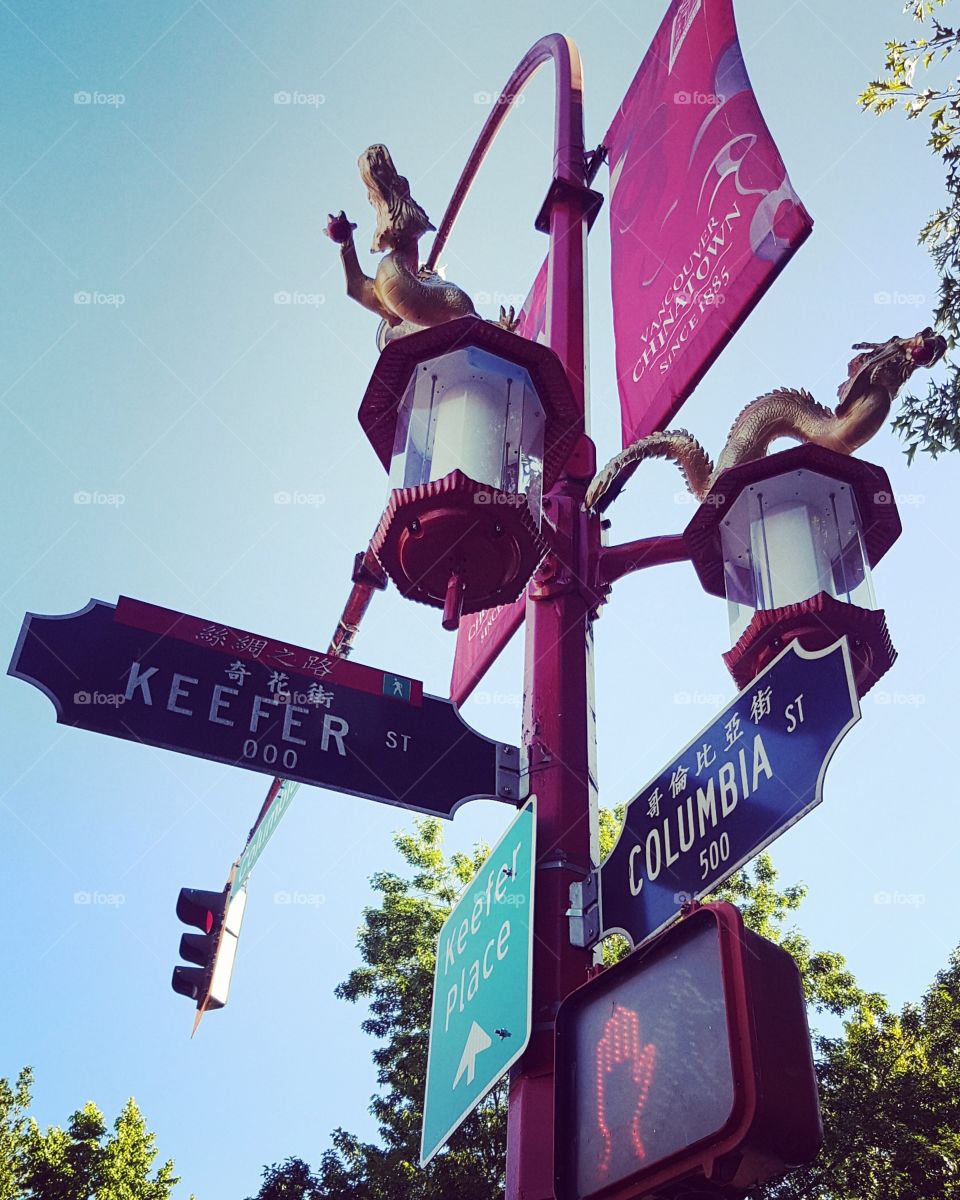 street name signs, traffic lights in China Town