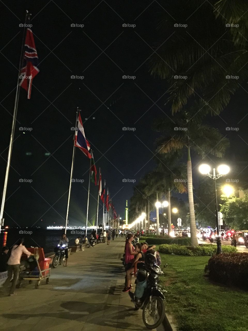 Beautiful night with international Flags in Cambodia 