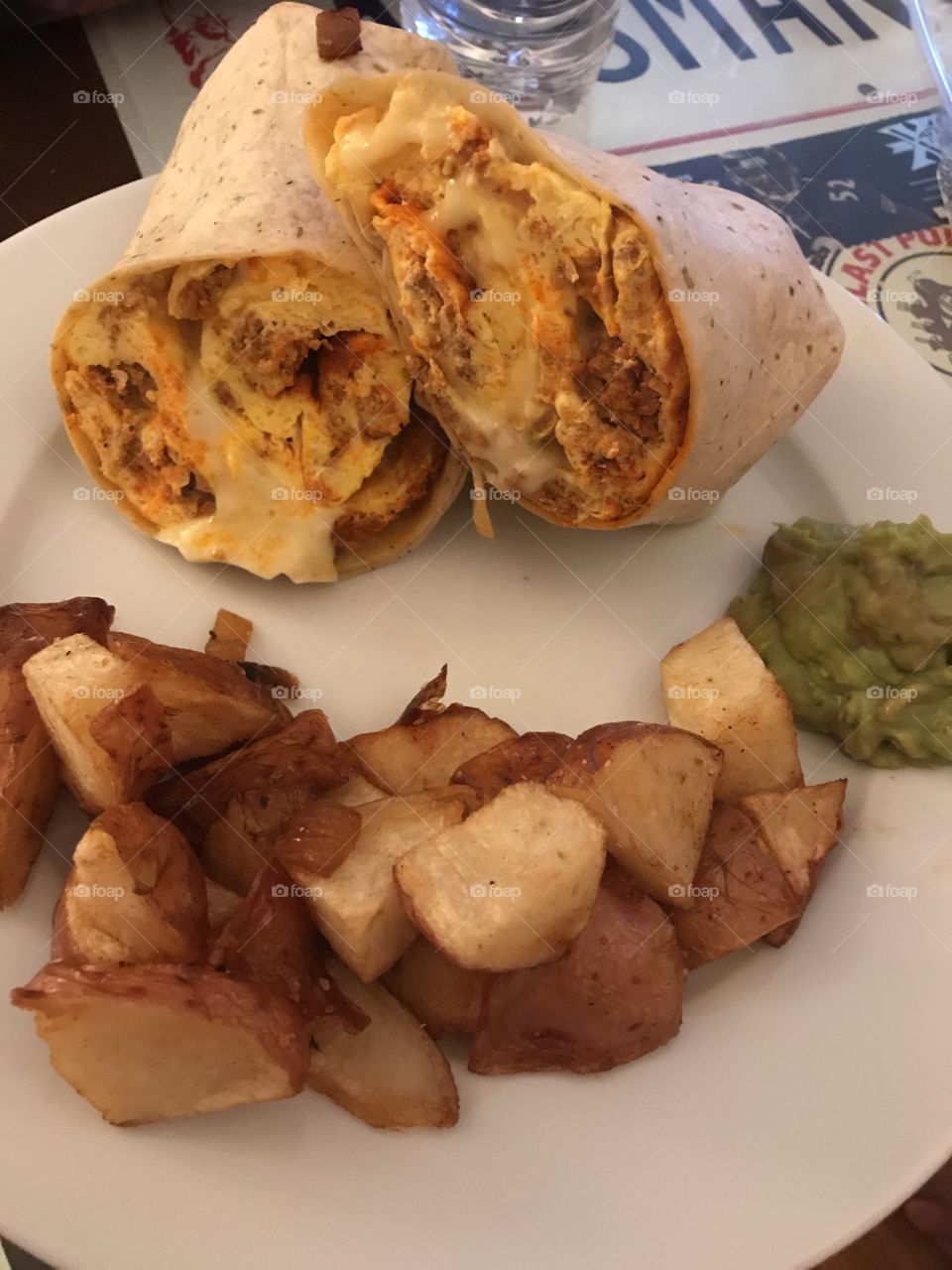 Breakfast burrito with potatoes. A hangover’s dream. Don’t forget the side of guacamole 
