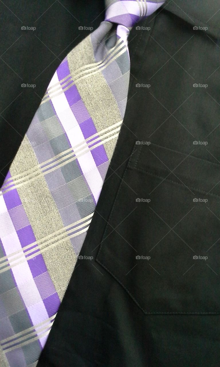 black shirt with purple grey tie