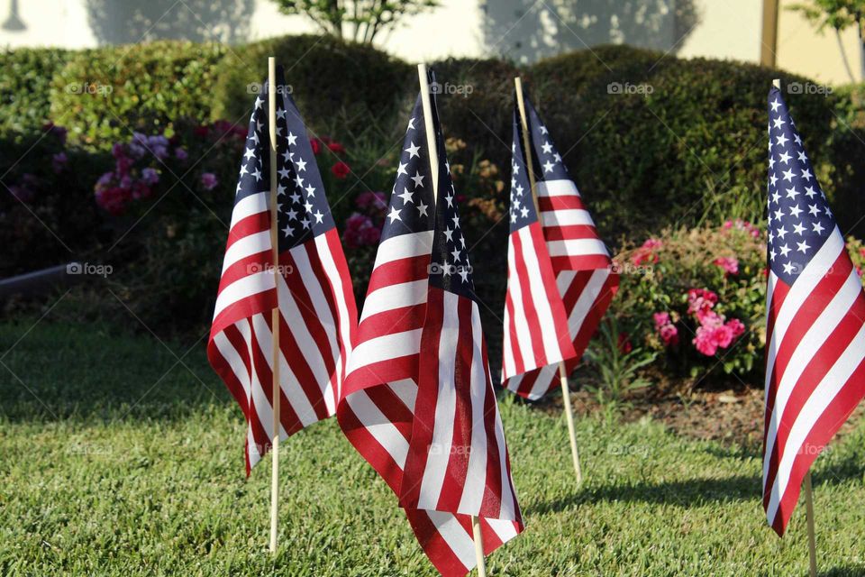 American flags out celebrating independence day in front of a firework stand