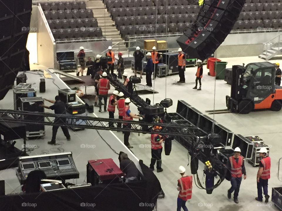 After the concert. Packing and clearing the arena after the concert. 