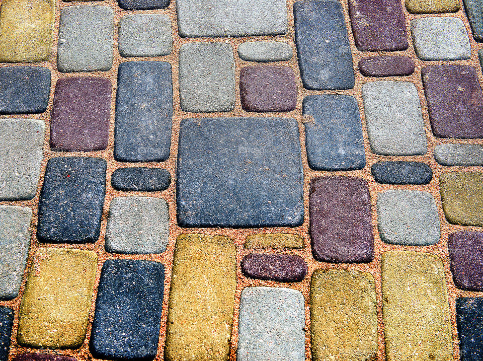 Multicolored Sidewalk Tile Texture. Laying, footpath. Pavement lined with multicolored tiles