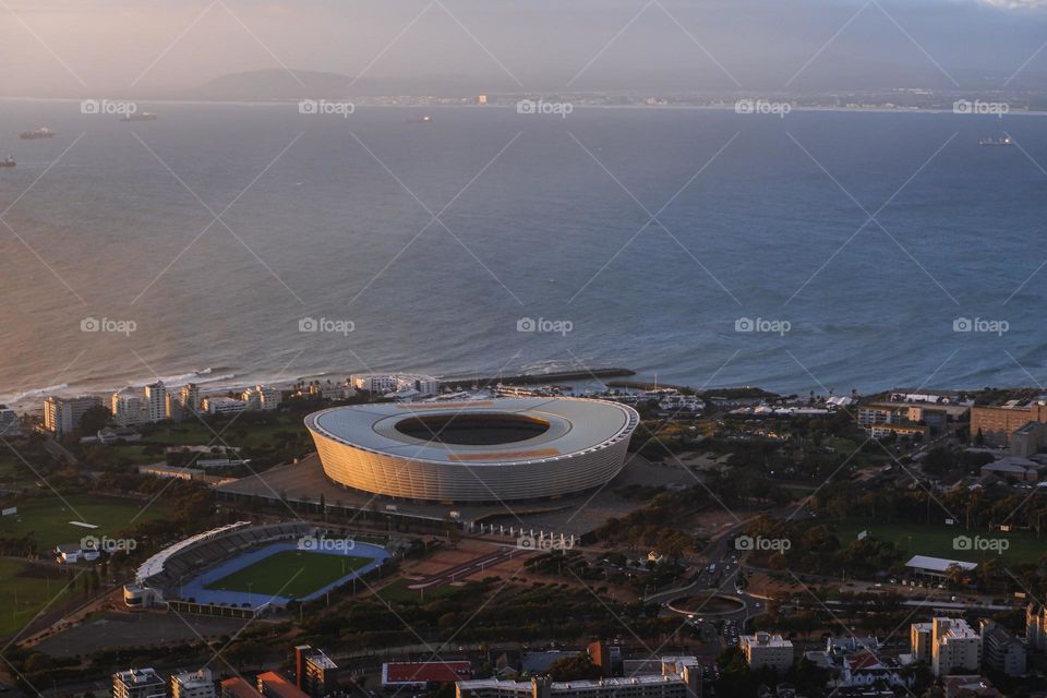 Cape town stadium aerial shot with beautiful sunset