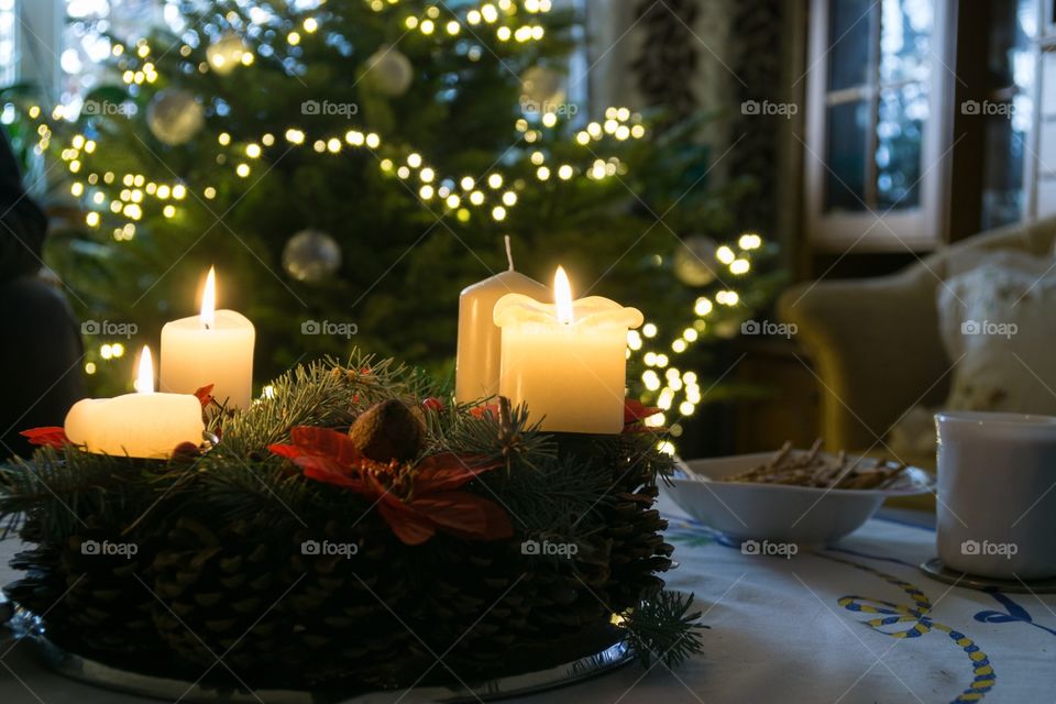 Advent candles and Christmas tree. Slovakia