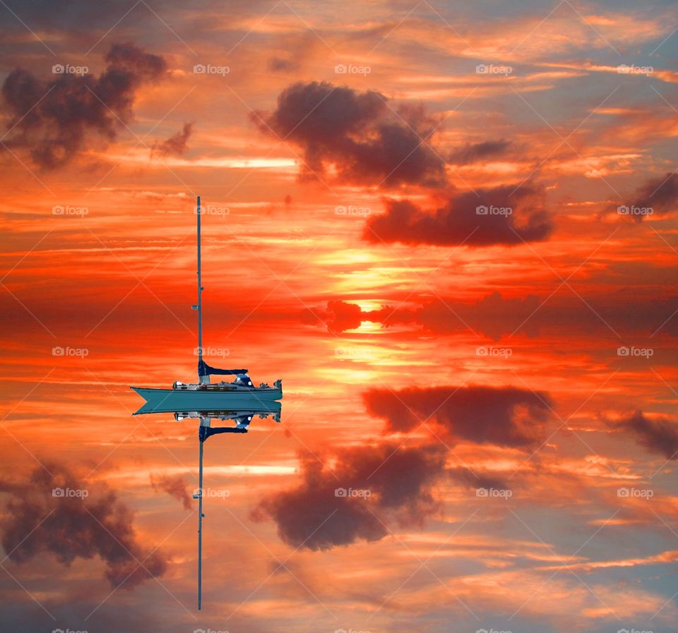 Reflection of sailboat and dramatic sky lake