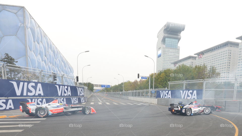 Formula E, Acguri car crash, beijing Olympic üark, water aube, Siemens Tower car race