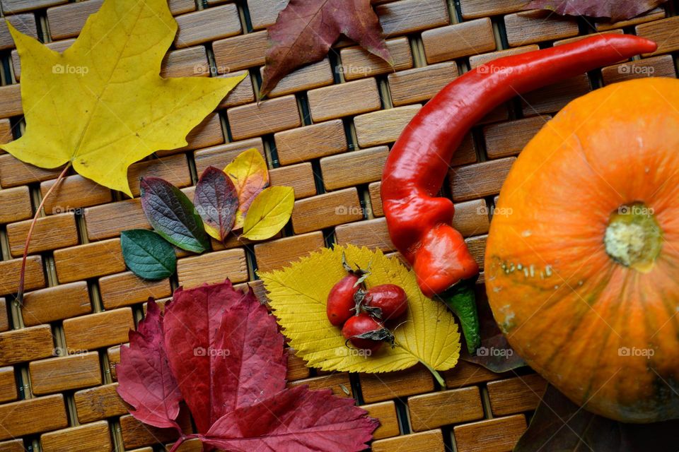 colour leaves and vegetables wooden geometric shapes background