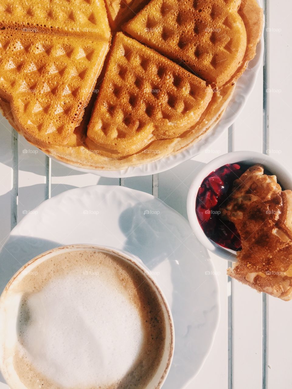 Homemade waffles jam and coffee