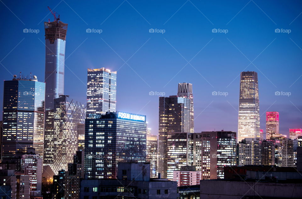 China, Beijing, skyline, guomao, at clear night, construction line of the tallest building in Beijing