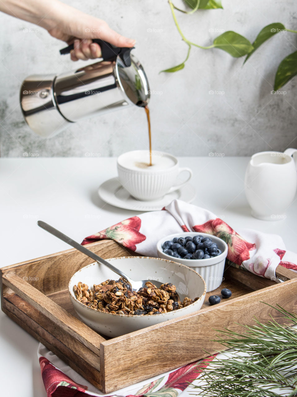 breakfast with granola and coffee