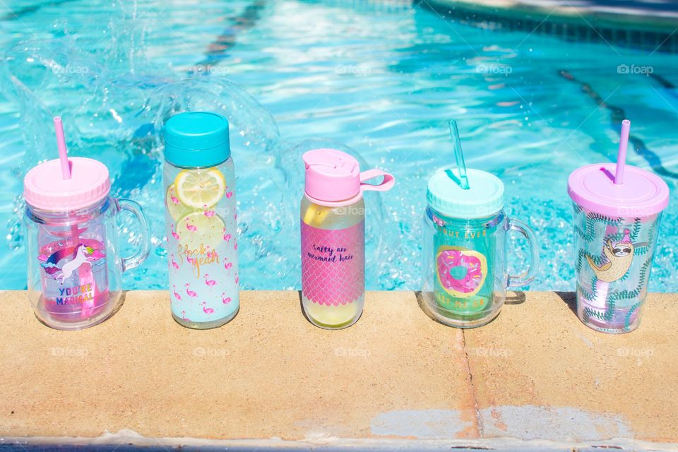 Water bottles by the pool