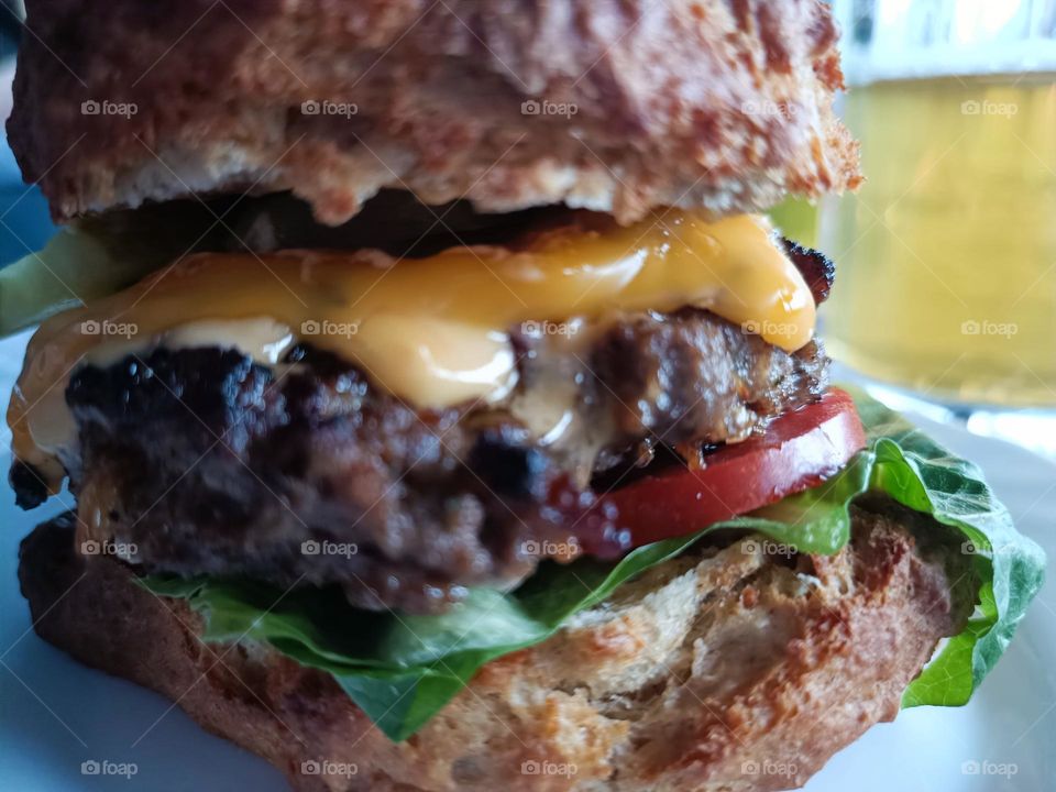 Close up of a hamburger with a selfmade bun