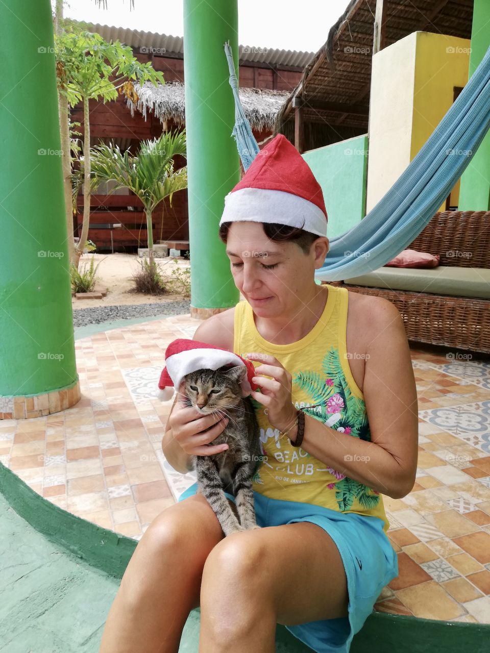 Happy Christmas woman and cat