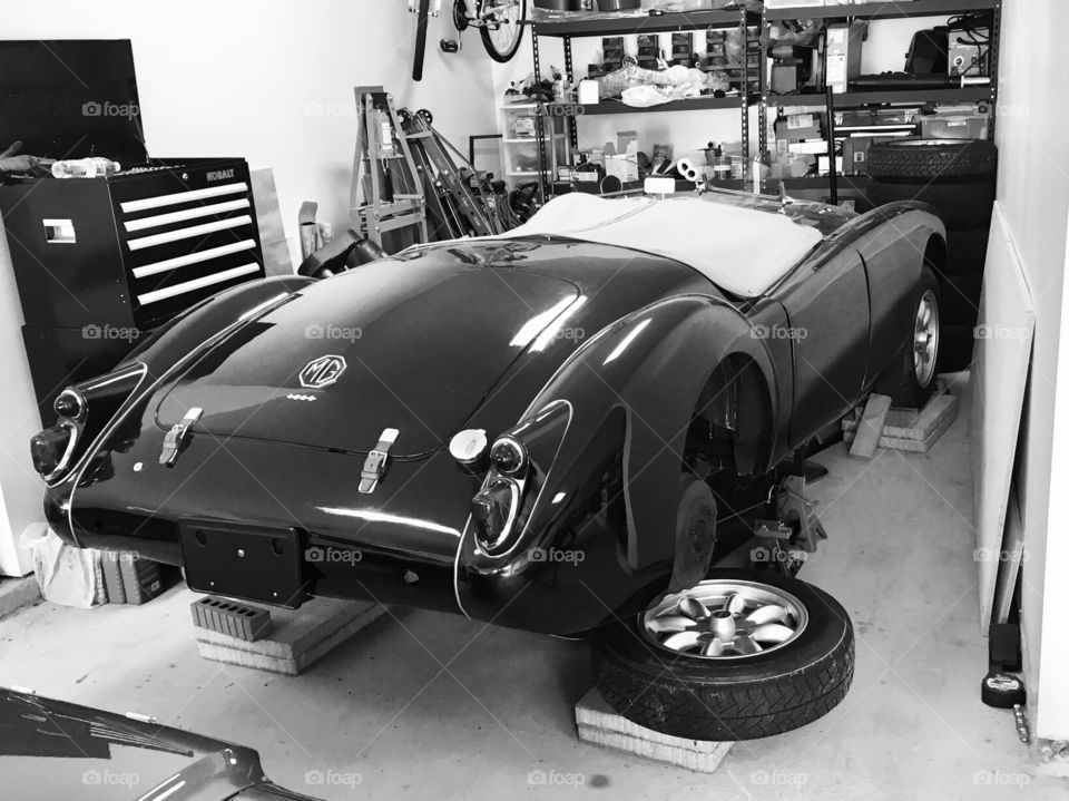 Classic British sports car in garage, 1960 mga 1600