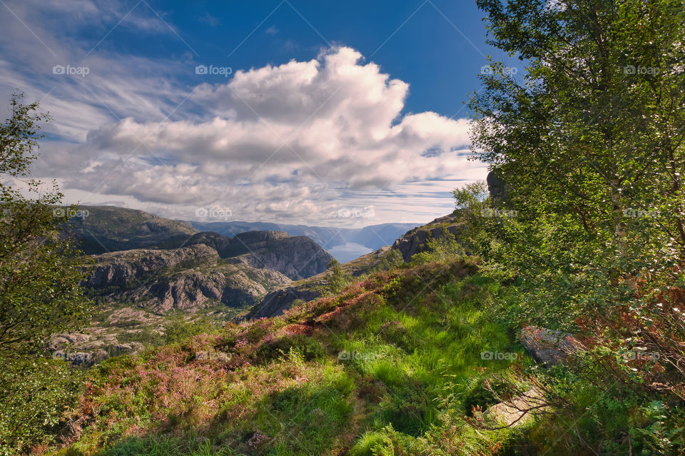 Distant view at Lysefjord, Lysefjorden surrounded by beautiful nature. Norway. Europe